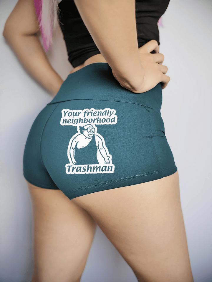 PixelThat Punderwear Yoga Shorts S / Dusk Teal Your Friendly Neighborhood Trashman Yoga Shorts